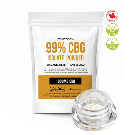 Pure CBG Isolate Powder in a glass jar, featuring the CBD2GO™ branding and a 99%+ purity lab-tested seal for 100% THC-free wellness.