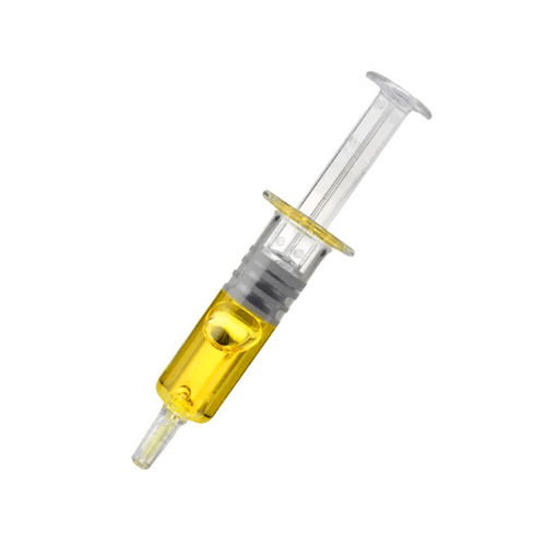 High-potency Full Spectrum CBD Distillate in a 1-gram syringe, showing a translucent amber-gold "honey" consistency for precision dosing.