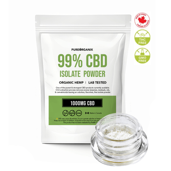 99% Pure Isolate Crystalline Powder in a 1-gram glass jar, featuring the CBD2GO™ laboratory-grade branding and tamper-evident seal.